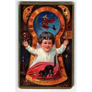 Halloween Postcard Girl At Keyhole Fantasy Witch Cat Moon Faces Nash Series 3